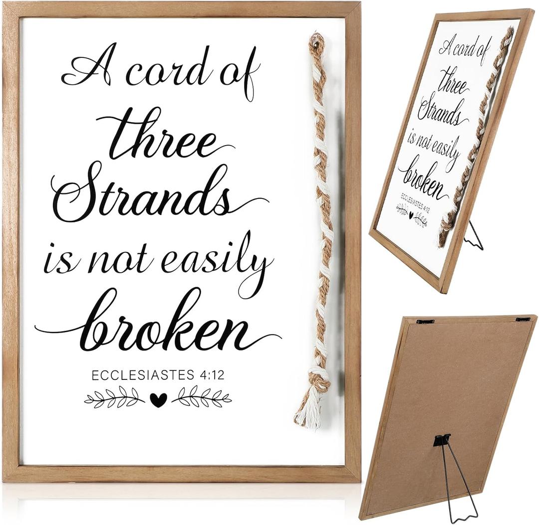 a Cord of Three Strands Christian Wedding Ceremony Knot Rope Sign Wall Decoration 17 x 13 Inch Bible Verse Religious Marriage Wood Framed Gift White Cross Braid Handfasting Cord for Wedding Ceremony