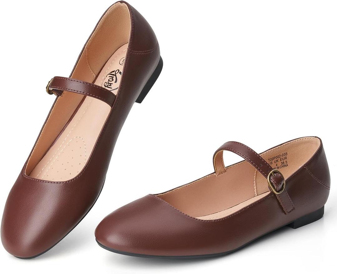 Trary Mary Jane Ballet Flats, Black Flats for Women, Ankle Strap Dressy Comfortable Flats (7.5, Coffee)