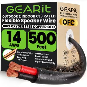 GEARit Speaker Wire 14 Gauge OFC 500 Feet,UL CL3 Rated 14 Gauge Wire,Copper Wire with Polarity Mark,Audio Cable for in-Wall,Home,Car,Outdoor,Garden,Commercial Audio Systems,OFC(Black,2-Conductors)