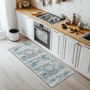 BESTSWEETIE 2x6 Area Rug for Living Room Washable Rugs No Pile Carpet for Entryway Bedroom Dinning Room Playroom Vintage Boho Carpet Print Distressed Non-Slip, 2 x 6 ft, Green