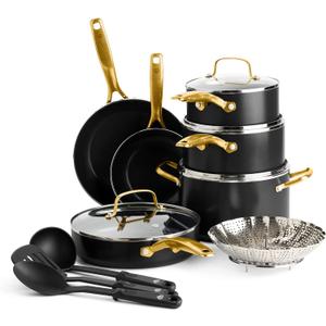 Blue Diamond Gold 14 Piece Cookware Pots and Pans Set, Induction Suitable, Diamond Infused PFOA & PFAS-Free Ceramic Nonstick, Durable Metal Utensil Safe, Dishwasher Safe, Gold Handle, Black