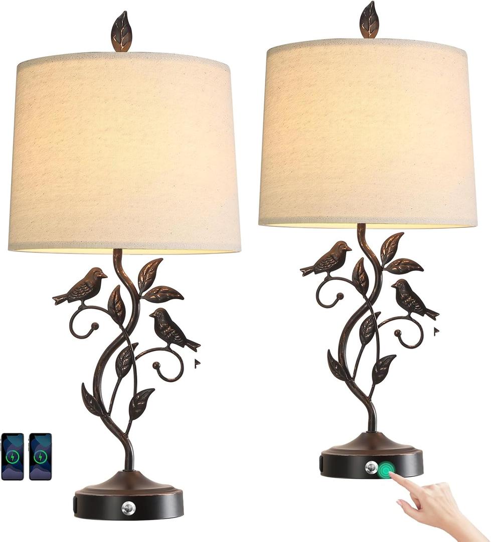 27" Set of 2 Touch Farmhouse Table Lamps for Living Room with 3-Way Dimmable 2 USB Ports, Vintage Rustic Iron Leaf Nightstand Lamp for Bedroom, LED Bulb Included (‎Bronze)