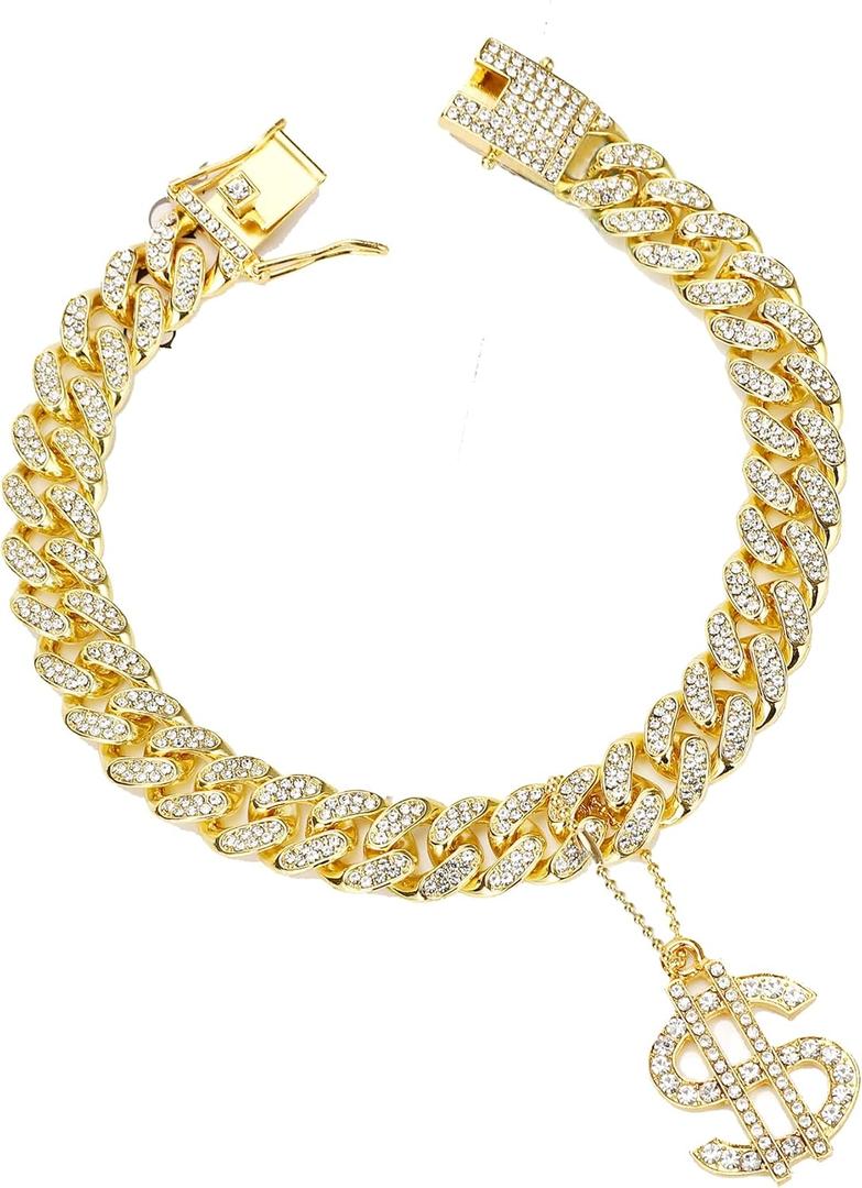 Gold Dog Collar 14mm Cat Puppy Chain Zircon Cuban Link Chain Handmade Iced Out Diamond Exaggerated Dollar Pendant Full Cz Prong Set Pet Jewelry