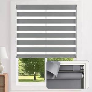 LazBlinds Cordless Zebra Blinds for Windows - Dual Layer Light Filtering & Blackout Roller Shades, Free-Stop Lift System, No Drill Easy Install, Day & Night Privacy with Valance, 35" W X 64" H, Grey