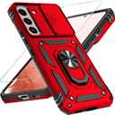 SunStory Phone Case for Samsung Galaxy S22 Plus 5G Case with HD Screen Protector & Slide Camera Cover & Rotated Ring Kickstand, [Military-Grade] [2 in 1] Phone Case for Galaxy S22 Plus 6.6",Red