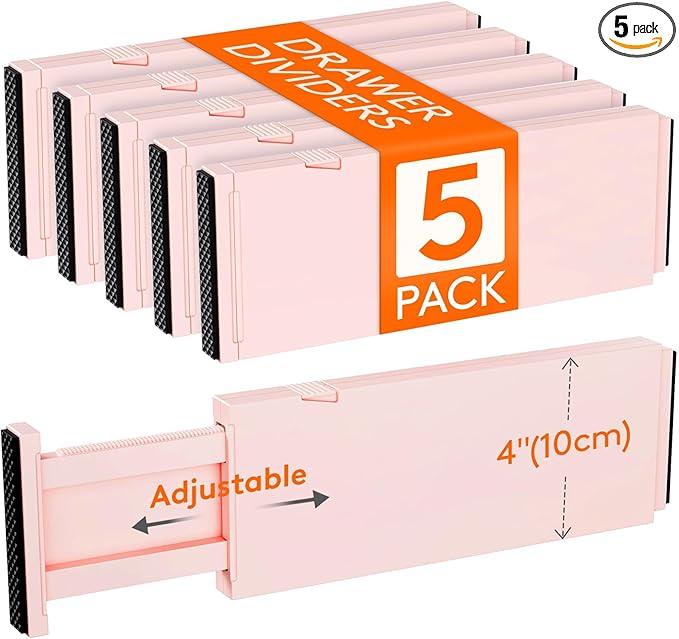 Lifewit 5 Pack 4" High Drawer Dividers 28-43.5cm/11-17" Adjustable Drawer Organizer for Clothes/Utensils, Expandable Drawer Separator in Dresser/Kitchen/Bedroom/Office Organization & Storage (Pink)