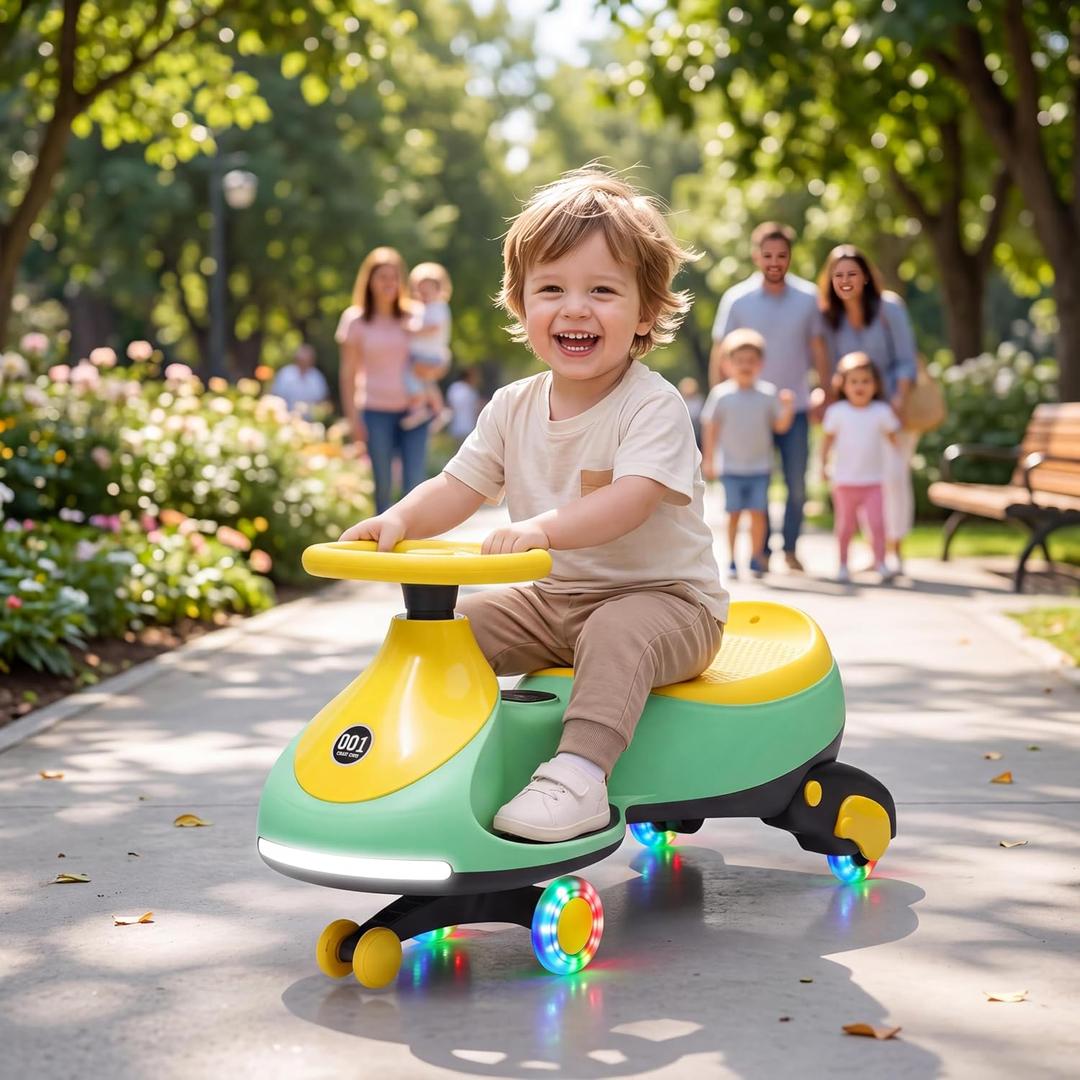 12V 2-in-1 Kids Electric Wiggle Car Ride On – Pedal & Swing Function – 360° Steering, Flashing Wheels, Music, Anti-Rollover, Rechargeable, High Weight Capacity – Indoor Outdoor Toy – Green