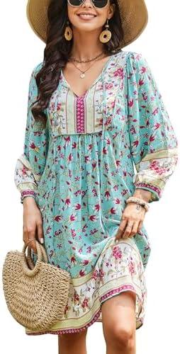Bluetime Women Casual Summer Dress Boho V Neck 3/4 Sleeve Babydoll Floral Print Flowy Beach Dress Size 2XL
