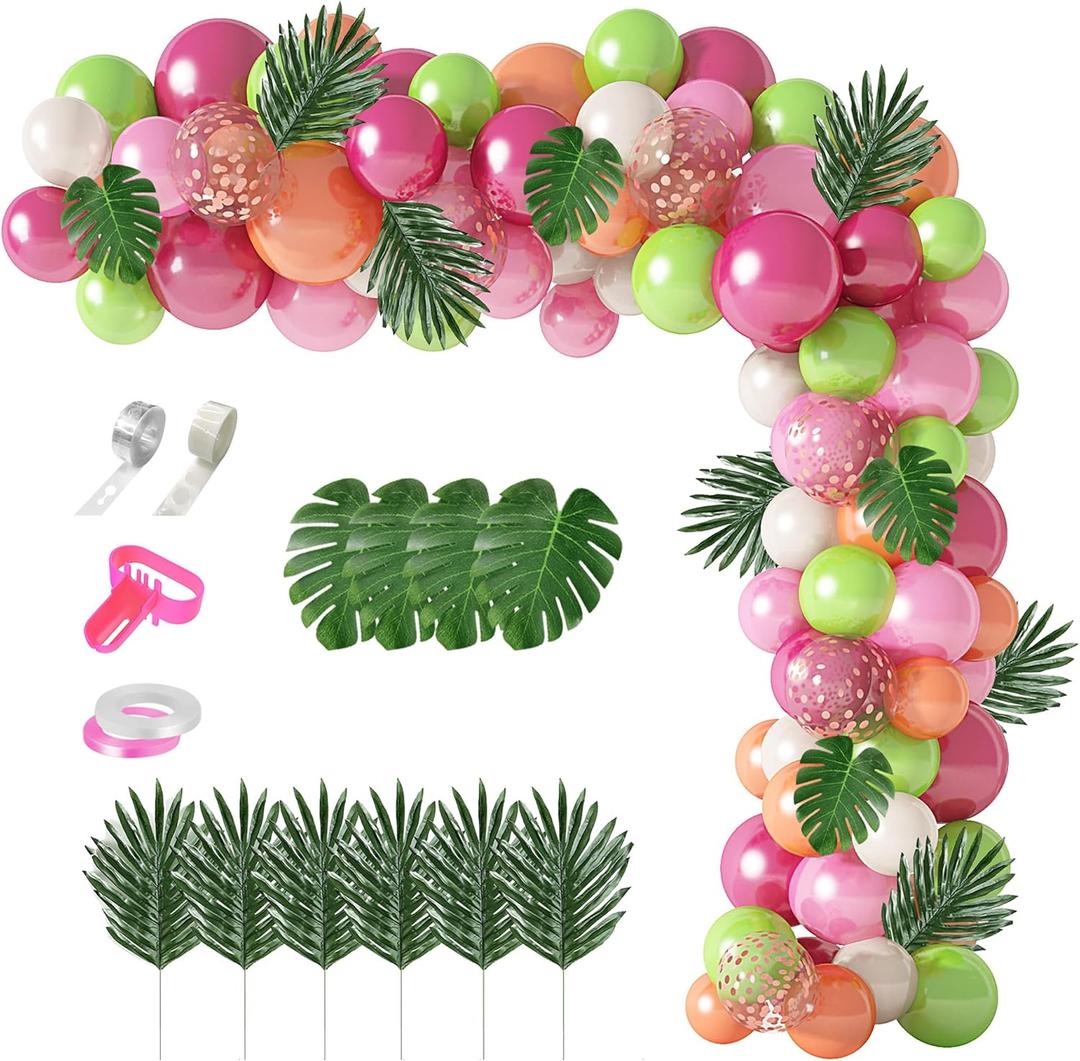 117Pcs Tropical Balloons Arch Garland Kit, Hot Pink Green Rose Gold Confetti Balloons Palm Leaves & 5Tools for Tropical Hawaii Aloha Luau Flamingo Theme Birthday Party Baby Shower Wedding Decorations