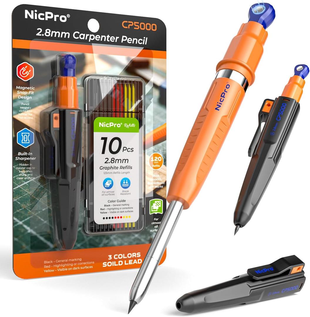 Nicpro New 7-in-1 Magnetic Carpenter Pencils with Sharpener, CP5000 Construction Pencil + Refill, Deep Hole Marker for Construction, Woodworking Pencil with Magnetic, Best Carpenter Tools for Marking