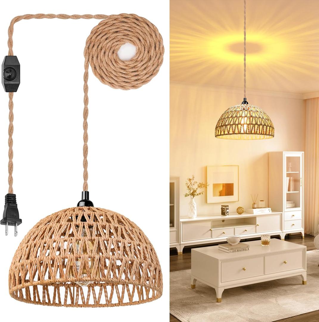 Plug in Pendant Light Rattan Hanging Lamp with 15 Ft Hemp Rope Cord, Wicker Hanging Lights with Bamboo Basket Lamp Shade,Dimmable Switch Woven Boho Plug in Ceiling Light for Living Room Bedroom