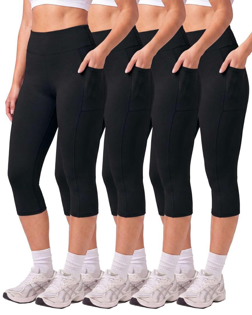 Real Essentials 4 Pack: Women's Capri Leggings with Pockets Casual Yoga Workout Exercise Pants (Available in Plus Size) - Set 7, 1X