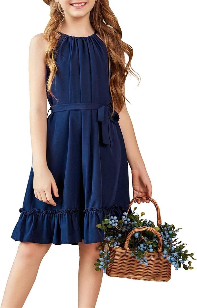 Arshiner Girls Summer Dress Halter Neck Sundress A-Line Swing Party Dresses (Blue)