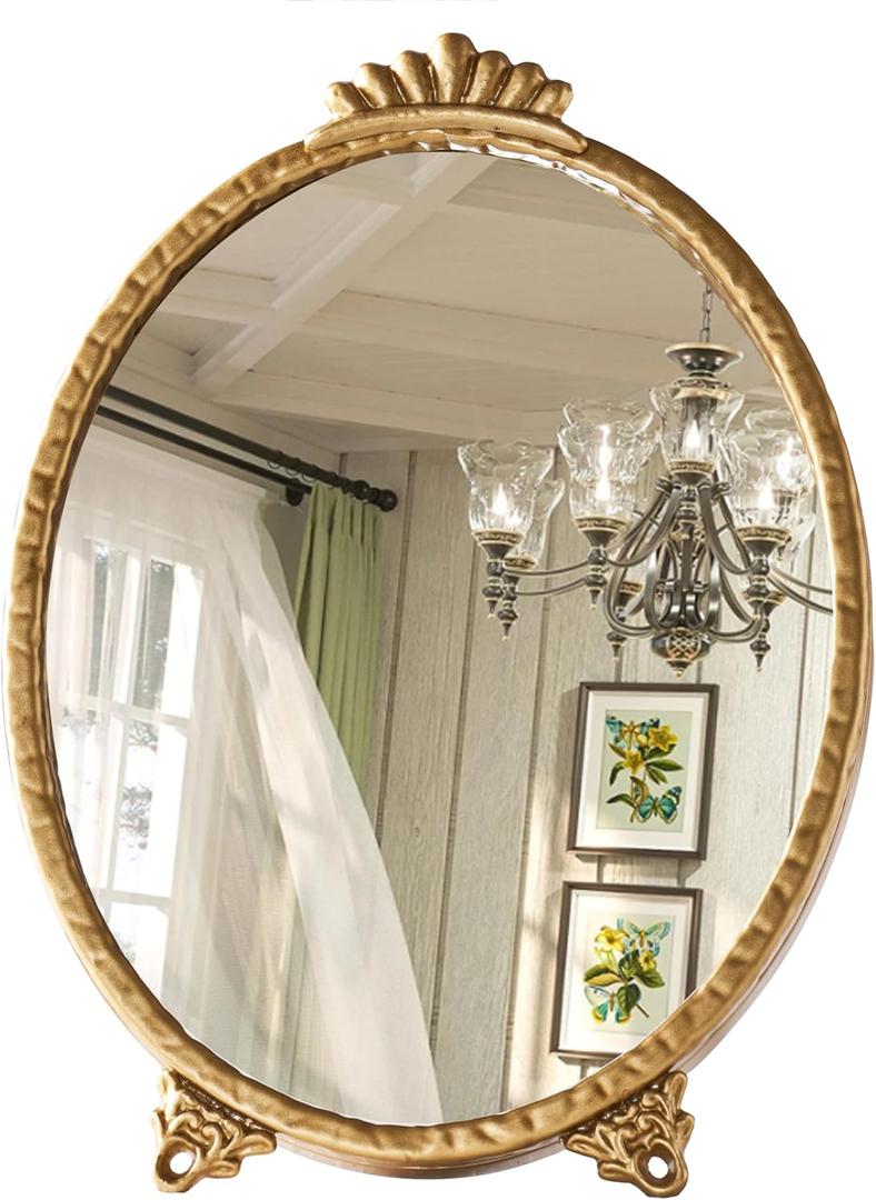 Gold Vintage Decor Vanity Mirror,Baroque Wall Art Retro Oval Mirror,Antique Wall Mirrors Decorative,Maximalist Decor Mirror for Desk Bedroom Bathroom Dresser Wall-Mounted,11.0" L x 7.9" W Gold