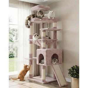 Heybly Heavy Duty Cat Tree, 64.2-Inch Tall Tower for Large Indoor Cats with Widened Structure, Cat Furniture with Big Platforms, Extra-Large Hammock, Sisal Scratching Posts & Board, Muchroom HCT027MU