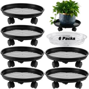 6 Packs 15' Extra-large Plant Caddy Saucers on Wheels Rolling Stands Heavy-duty Dolly Plastic Planter Roller Base Pot Movers Outdoor Tray Coasters, Clear x 6 (Black gloss)