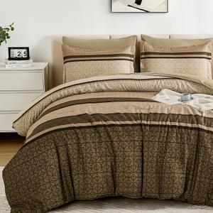 WONGS BEDDING 7 Pieces Comforter Set Queen Size, Brown Striped Fall Winter Bed in a Bag Comforter and Sheet Set, Minimalist Geometric Soft Lightweight Micorfiber Bedding Set for All Season (90"×90")