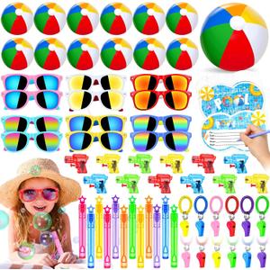 72Pcs Pool Party Favors Summer Supplies for Kids - Beach Ball Sunglasses Whistle Bubble Wands Invitation Cards and More, Boys Girls Ages 4-8 8-12 Summer Beach Birthday Favors Pool Party Supplies