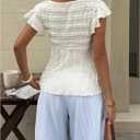 SOLY HUX Women's Summer Peplum Babydoll Tops Sweetheart Neck Ruffle Cap Sleeve Bow Tie Front Textured T Shirt (White, L)