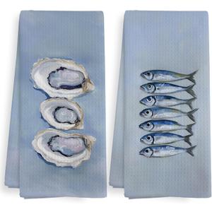 Summer Ocean Coastal Beachy Kitchen Towels and Dishcloths Sets of 2, Coastal Oyster Sardine Decor, Blue Ocean Beach Themed Nautical Decor Dish Hand Tea Towels for Bathroom Kitchen, 16x24 Inch