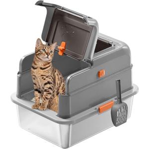 Stainless Steel Cat Litter Box with Lid, Covered Enclosed Kitty Litter Box, Flip Top High Sided Metal Cat Litter Pan with Litter Scoop, Front and Top Entry, Odor Control Leak Proof Easy Clean, Grey