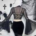 Women Goth Tops Punk Cover Ups Mesh Crop Top See Through Sexy Long Sleeve Blouse Y2k Black Rave Outfit Festival (Black, L)