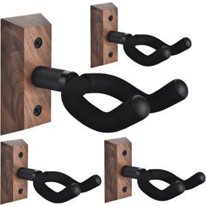 DOMMI Guitar Wall Mount 4 Pack, Guitar Holder with Rotatable Soft Guitar Hook for All Size Guitars, Hardwood U-Shaped Guitar Hanger Wall Mount for Acoustic, Electric Guitar, Bass, Black Walnut