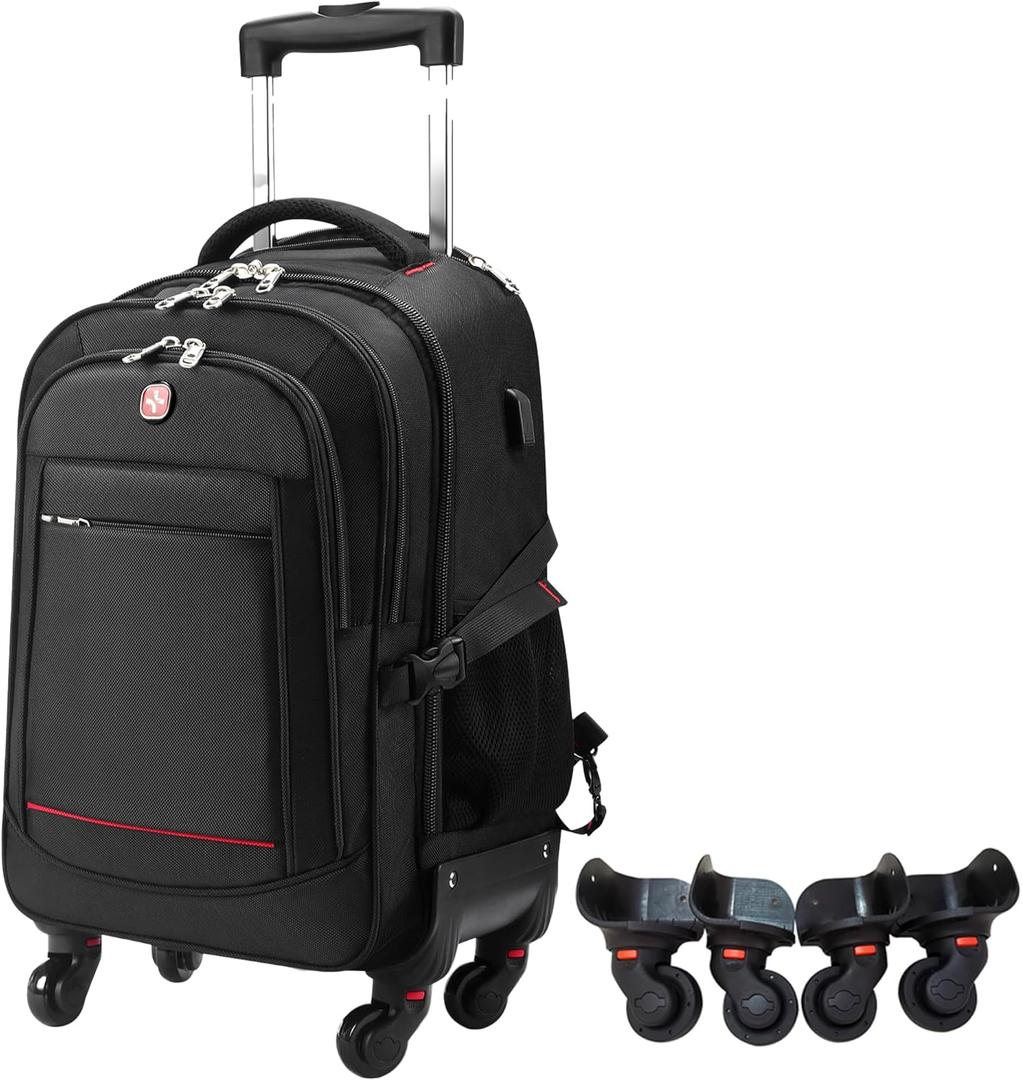Rolling Backpack with 4 Extra Wheels - Water-Resistant, Airline Approved Underseat Travel Luggage, Ideal 18*14*8 Personal Item Suitcase, Wheeled Backpack, Roller Backpack, Rolling Laptop Bag