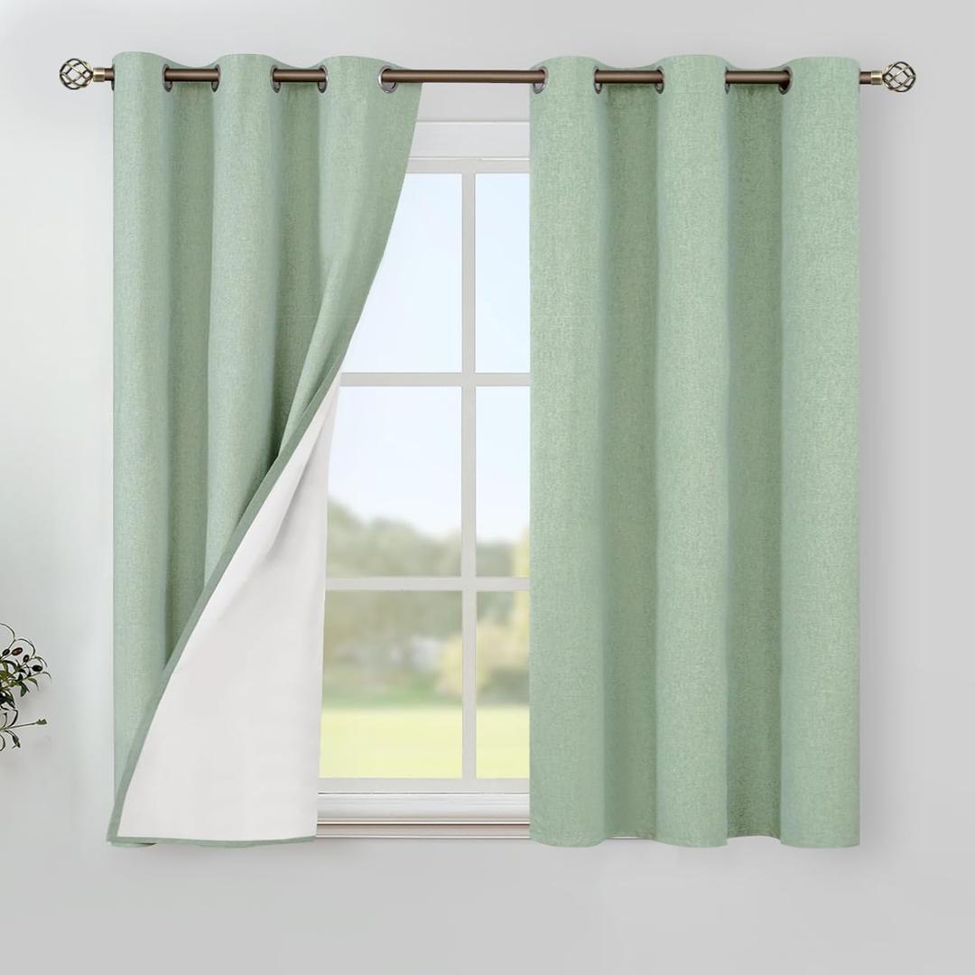 YoungsTex Light Green Linen 100% Blackout Curtains 40 Inch Length, Short Thermal Insulated Drapes with Grommet Privacy for Bedroom Window, 2 Panels, 42 X 40 Inch