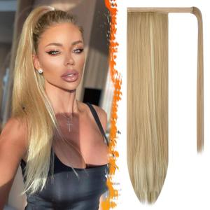 BARSDAR Light Ash Blonde Mix Straight Ponytail Extension - 26 Inch Long Straight Wrap Around Ponytail for Women, Clip in Ponytails Hair Extensions Synthetic Blonde Pony Tails Hairpieces Daily (26 Inch (Pack of 1), Light Ash Blonde & Bleach Blonde)