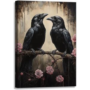 OAAPITI Crow Canvas Wall Art Black Raven Picture Print Pink Rose Poster Vintage Gothic Painting Artwork for Living Room Halloween Decor(Artwork-6,16"x24")