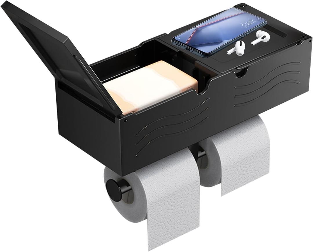 Double Toilet Paper Holder with Shelf, Double Tissue Roll Holder with Wipes Storage, Wall Mount/Adhesive Black Toilet Paper roll Holder,Toilet Wipes Dispenser Organizer for Bathroom Kitchen RV