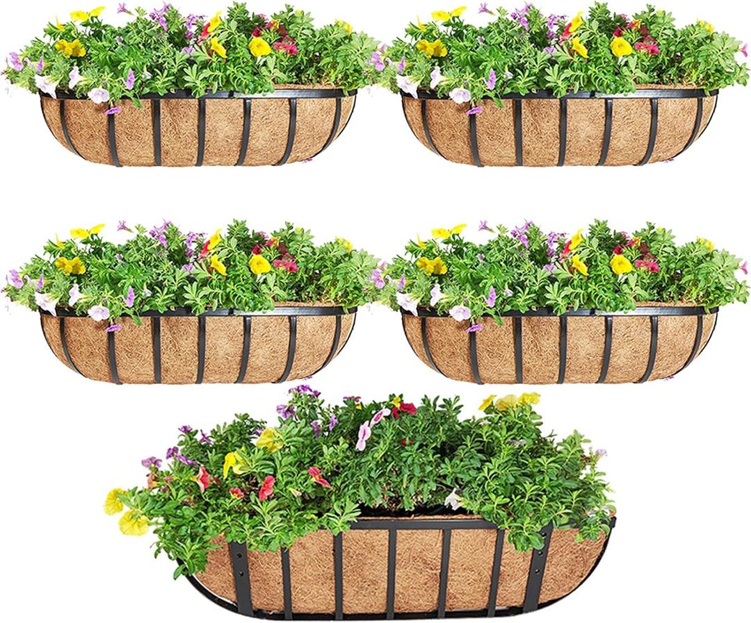 4 Pcs 16 Railing Planter Window Box Deck Railing Planters Boxes with Coco Liner English Horse Trough Planters Metal Wall-Mounted Planter Basket for Outdoor Balcony Porch Fence Patio Rail