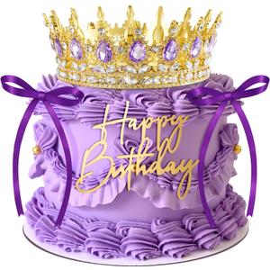 Landical 8 Pcs Gold and Purple Princess Crown Cake Topper Corona Para Pastel Queen Purple Cake Decorations Happy Birthday Topper Bow Tie for Birthday Party Wedding Supplies