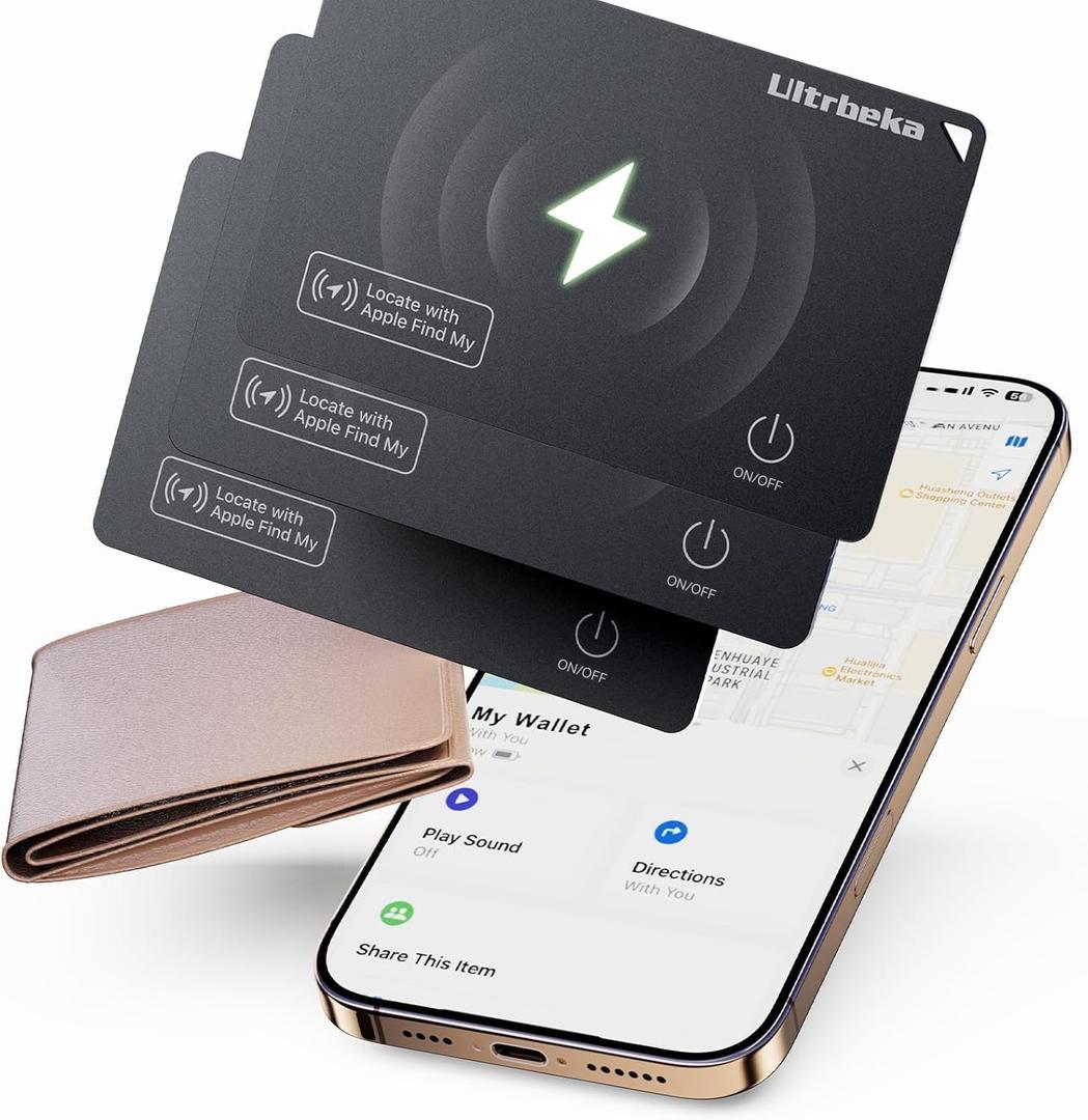 Ultrbeka Rechargeable Ultra-Thin Wallet Tracker Card 0.094in IP68 Waterproof Bluetooth Tracker for Wallets, Passport, Work with Apple Find My, iOS Only [Apple MFi Certified]- 3pcs