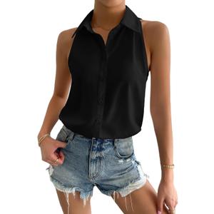Milumia Women Sleeveless Button Down Blouses Geo Print Collared Tank Tops Work Blouses (Black, XXL)