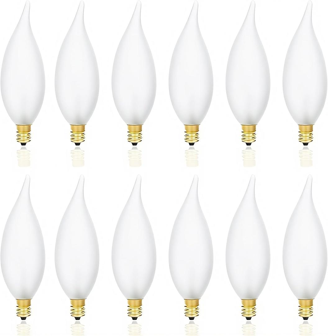 Frosted Flame Tip C32 Chandelier Light Bulbs, 40W E12 Candelabra Base, 120V Dimmable Candle Bulbs with Warm White for Chandeliers, Ceiling Fans, Outdoor, Porch, Hallway, Decorative Lighting (12 Pack)
