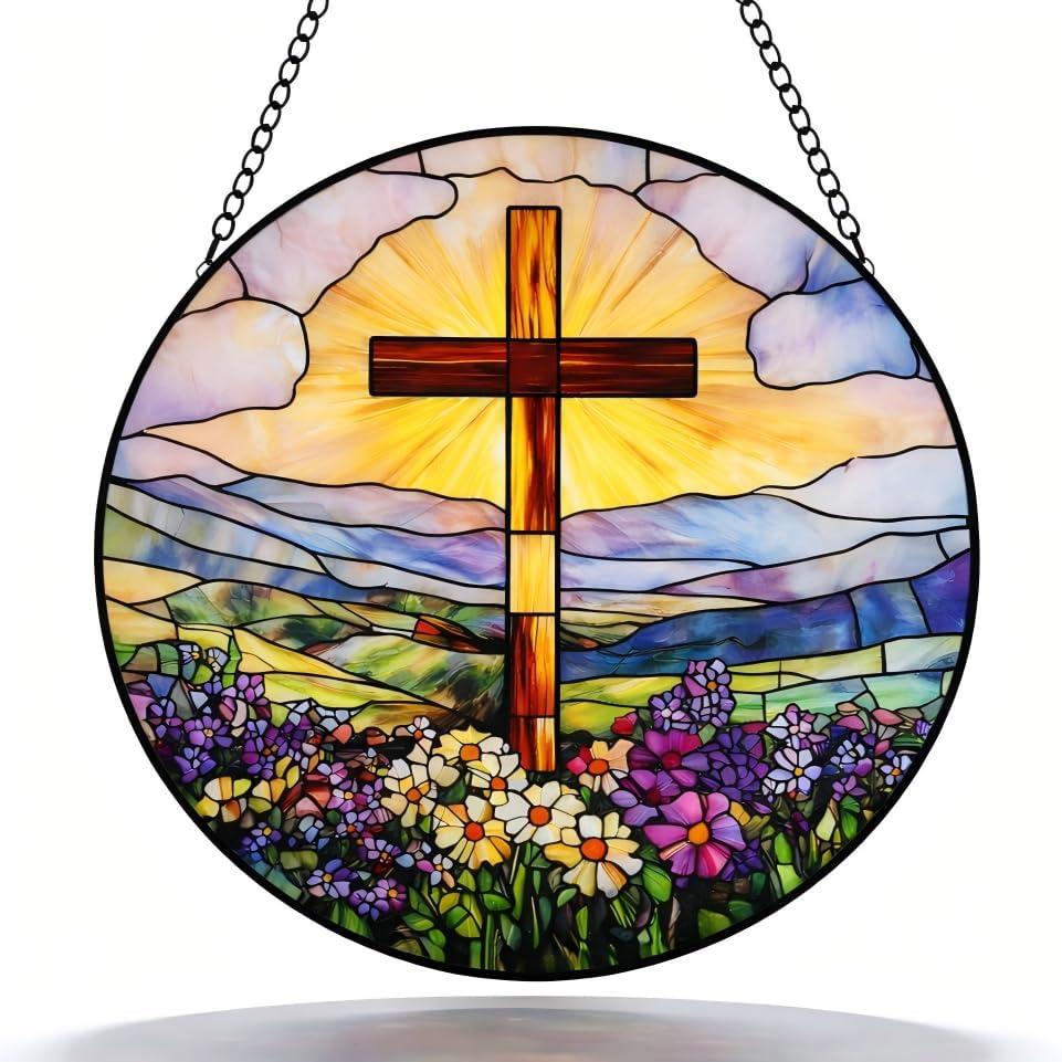 Stained Glass Cross SunCatcher, Stained Glass Window Hanging Cross, 8 Inch Sun Catchers Indoor Window, Window Ornament, Summer Faith Home Decor, Gifts for Religious, Christian Gifts