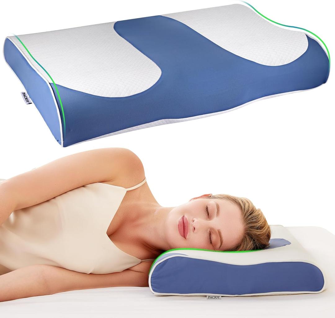 Cervical Neck Pillow, Ultra-Thin Cooling Pillows for Neck Shoulder Pain Relief, Ergonomic Memory Foam with Breathable Covers, Soft Contour Bed Pillow for Side Back Stomach Sleeper (Height-3.4")