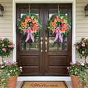 Spring Wreaths for Front Door 24 Inch Outdoor Spring Wreath with Pink Bow Handmade Peach Dahlia & Garden Rose Summer Wreaths for Front Door,Farmhouse Home,Porch,Wall,Window Decor