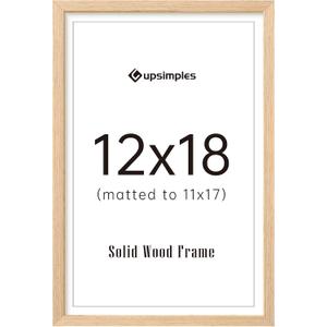 upsimples 12x18 Frame, Natural Solid Wooden Picture Frames, Display 11x17 with Mat or 12 x 18 Without Mat, Vertical or Horizontal Wall Hanging, 1 Pack, Natural