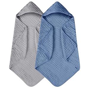 Yoofoss Hooded Baby Towels for Newborn 2 Pack 100% Muslin Organic Cotton Baby Bath Towel with Hood for Babies, Infant, Toddler and Kids, 32x32Inch, Soft and Absorbent Newborn Essential,Grey& Dark Blue