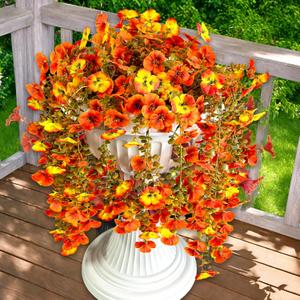 Artificial Fake Mums Flowers Plants for Outdoors, 2 PCS Artificial Hanging Silk Flowers Faux Pansies UV Resistant Look Real for Outside Porch Planter Home Decor (Orangemixed)