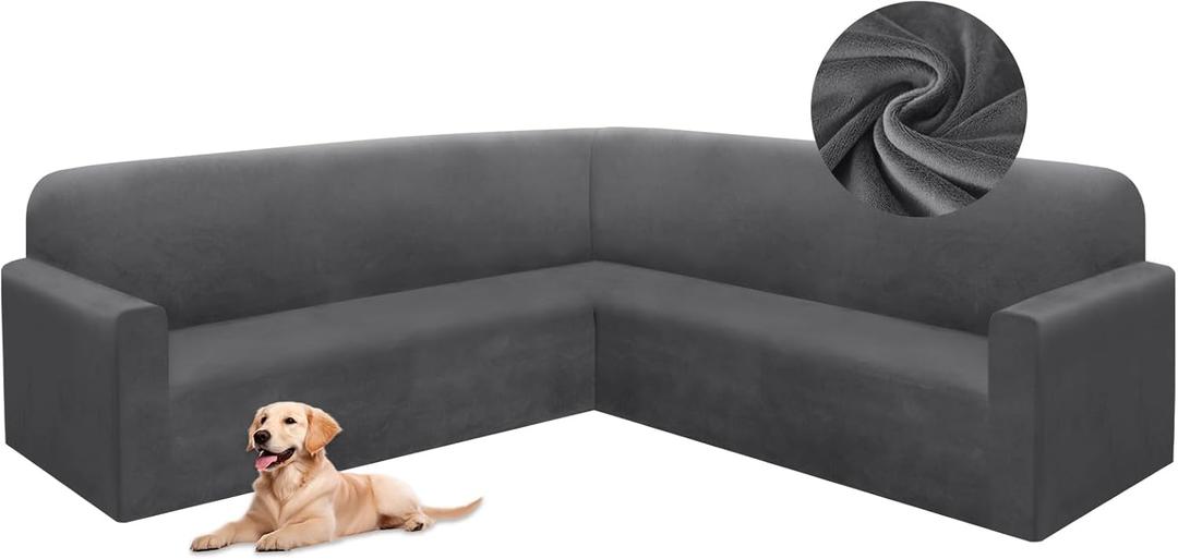 HDCAXKJ Corner Sectional Couch Covers Velvet Stretch L Shape Sofa Cover Soft Thick Sectional Slipcovers Set U Shaped Living Room Non Slip Magic Furniture Protector for Pet Dogs (Dark Gray, X-Large)