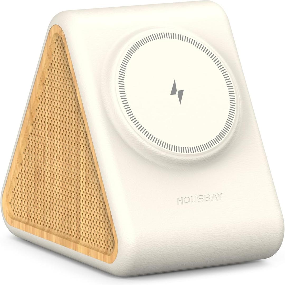 Housbay 2-in-1 White Noise Sound Machine & Magnetic Wireless Charger, Stereo Sleep Sounds, Clutter-Free Bedside Charging Station for iPhone - White Oak