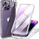 Miracase Glass Series for iPhone 14 Pro Case 6.1 Inch, Full-Body Clear Bumper Case with Built-in 9H Tempered Glass Screen Protector with Camera Lens Protectors, Glitter Clear