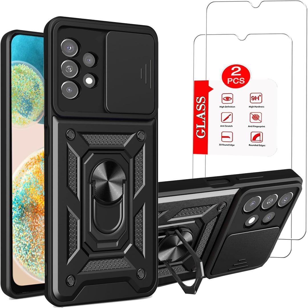 for Samsung Galaxy A23 Case with [2 Pack] Glass Screen Protector, Galaxy A23 4G / 5G Case Heavy Duty Shockproof Armor [Military-Grade] Protectivewith Lens Protects Magnetic Ring Stand Cover (SJ-Black)