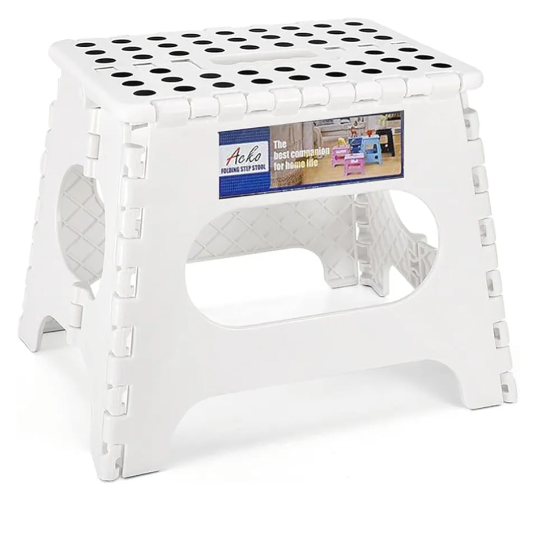ACKO Folding Step Stool Foldable Step Stools for Kids, 11 Inch Foot Stool Black Plastic Step Stool with Portable Handle Small Stool Hold up to 300lbs for Bathroom, Kitchen White