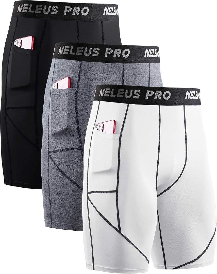 NELEUS Men's 3 Pack Running Compression Shorts with Pockets XL