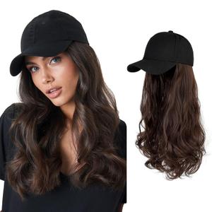 AynnQueen Baseball Cap with Detachable Hair Extensions for Women 21 inch Long Wavy Synthetic Hair with Adjustable Hat Wig Attached Black Baseball Cap (Medium Brown)